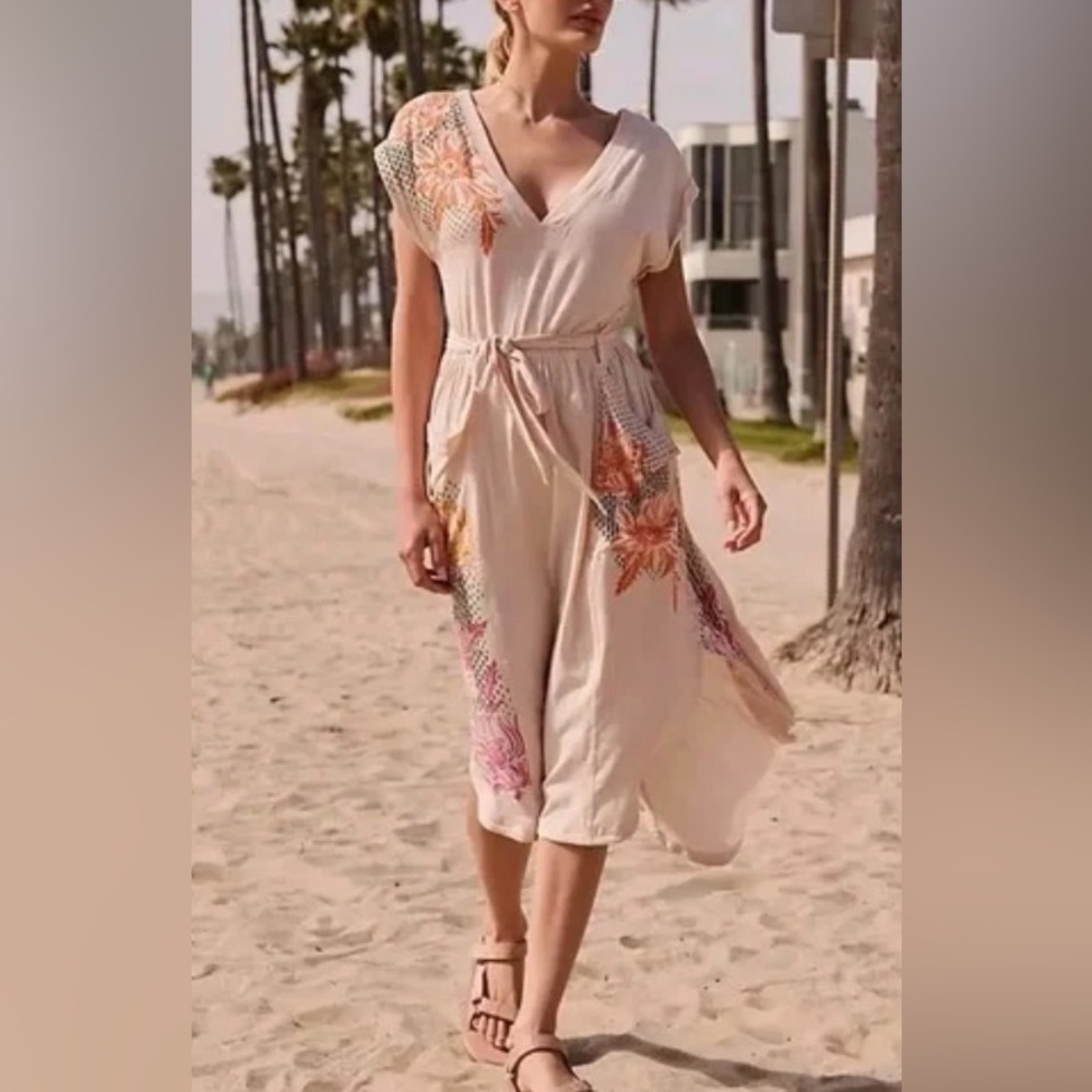 Anthropologie Cream Midi Dress with Multicolor Floral Embroidery